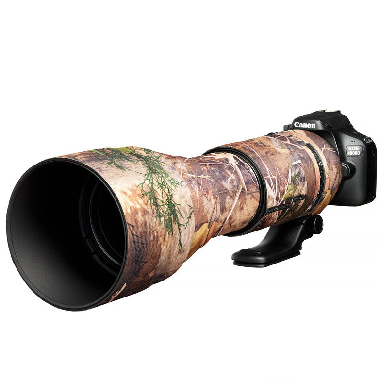 Camouflage camera lens cover with Canon camera on a white background, featuring the easyCover logo.