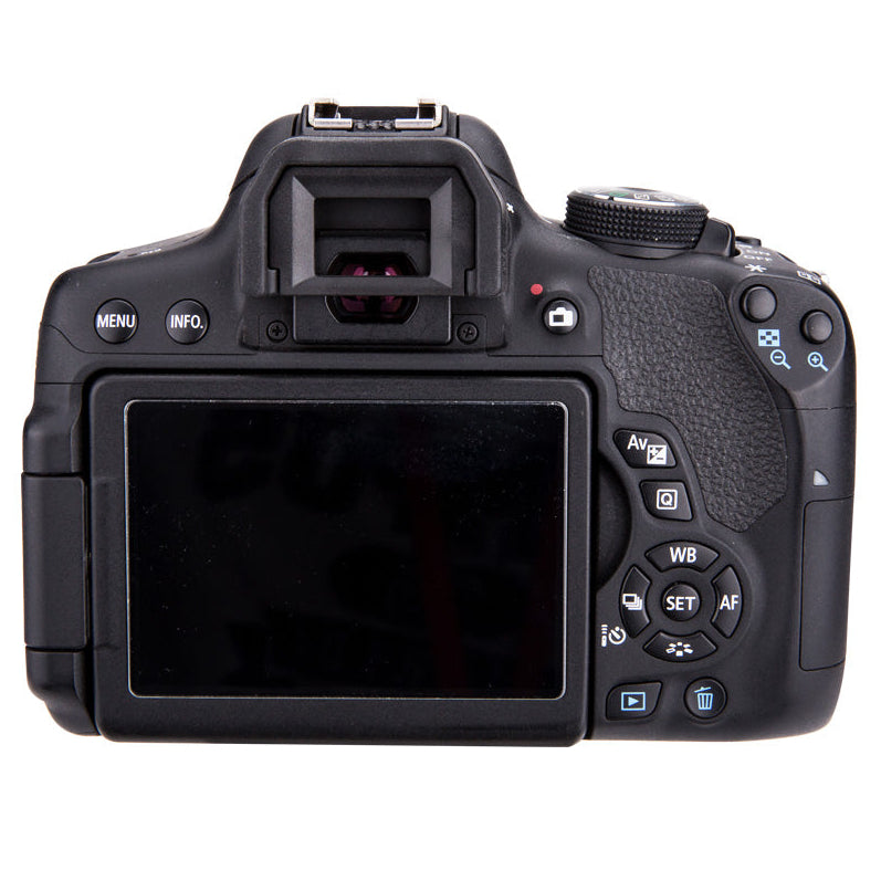 Back view of a black DSLR camera on a white background