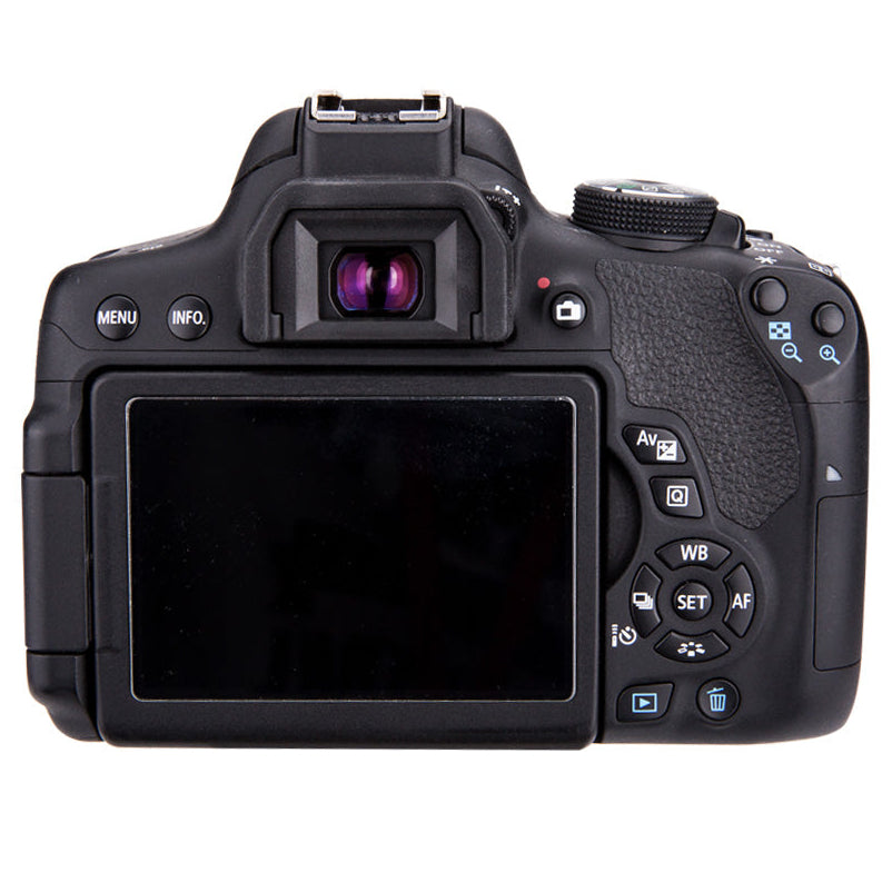 Back view of a black DSLR camera on a white background