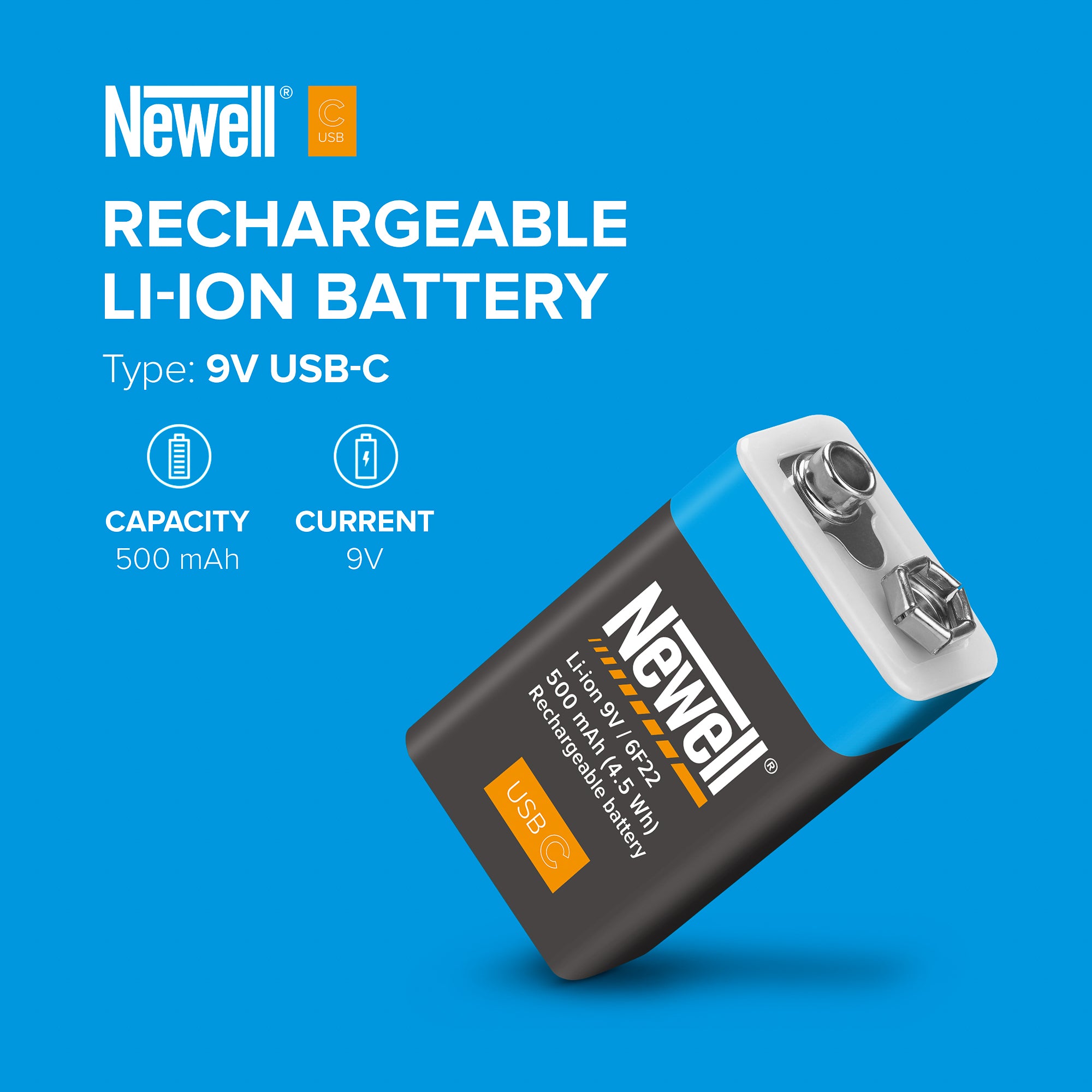 Newell 9V USB-C Onboard Litium Ion 500mAh Battery - DIRECT CHARGE USB-C / NO CHARGER RQD