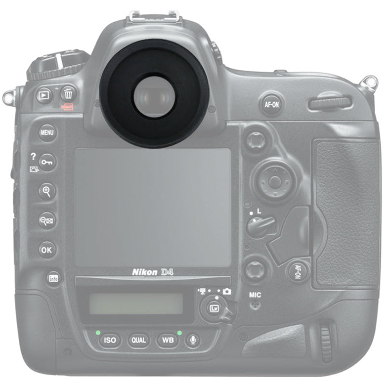 Nikon D4 camera with JJC lens hood on a white background