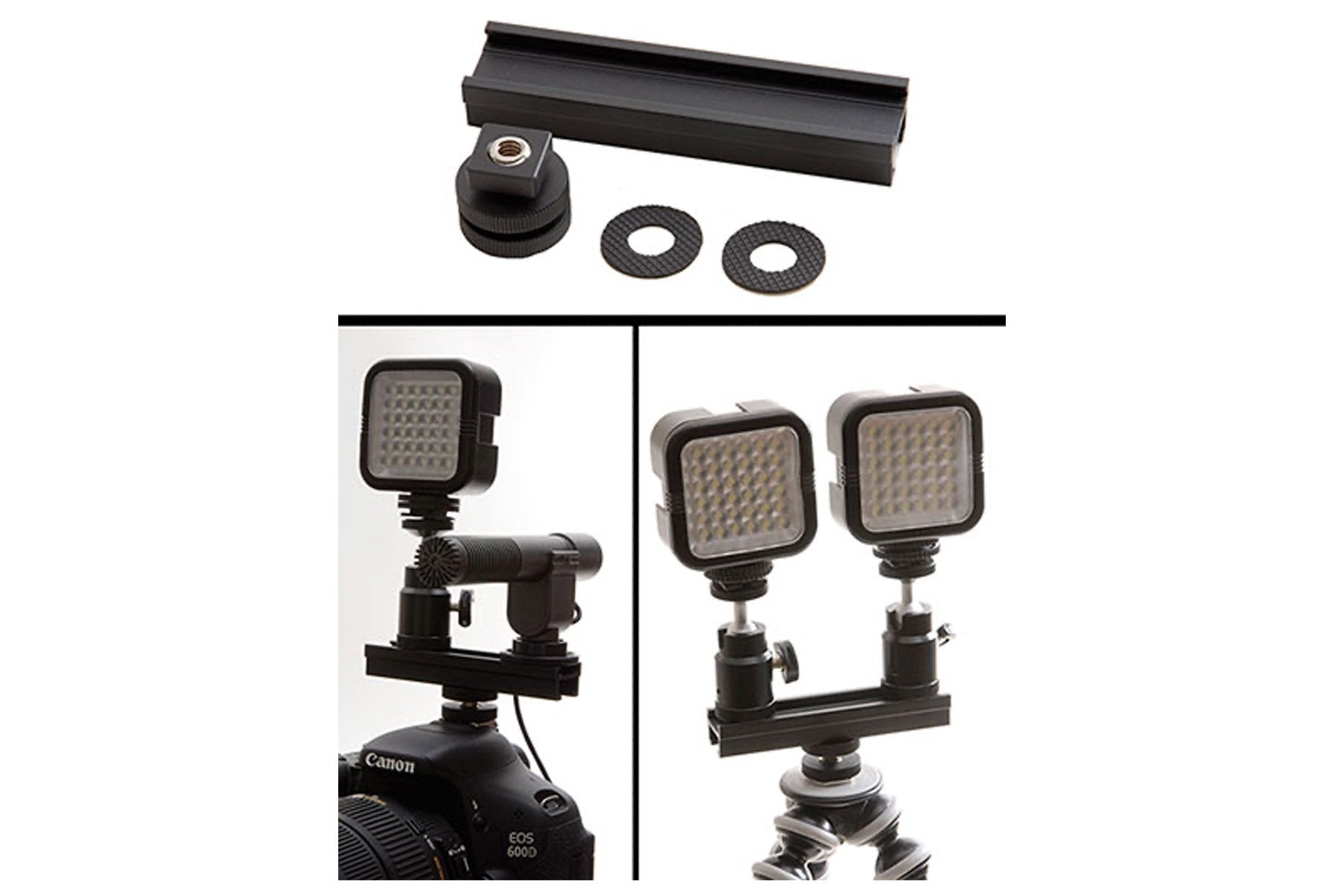 The image shows a Cold Shoe Extension Bar, which is black anodised aluminium. It includes mounting hardware and demonstrates how it can be attached to a camera's hot shoe mount and used to mount accessories.