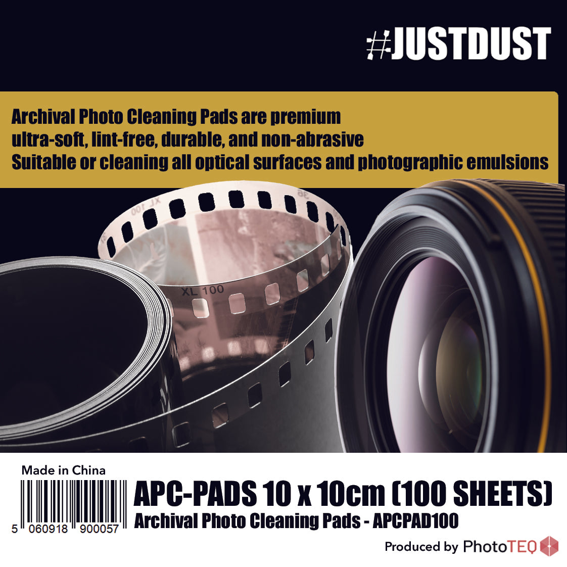 #JUSTDUST APC-PADS 10cm x 10cm Film Wipes and Optical Cloth (Pack of 100) - for Ultra Soft, Lint Free Cloth for Cleaning Sensitive Surfaces like Camera, Lens, Filters, Film, Scanners, Telescopes, Microscopes, Binoculars