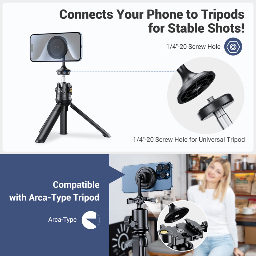 Magnetic Phone Tripod Mount Adapter with Arca Swiss Quick Release Design, Tripod Mount Adapter with 1/4″-20 Hole for iPhone 15 14 13 12 Pro Max Plus & Mag-Safe Case , Selfie