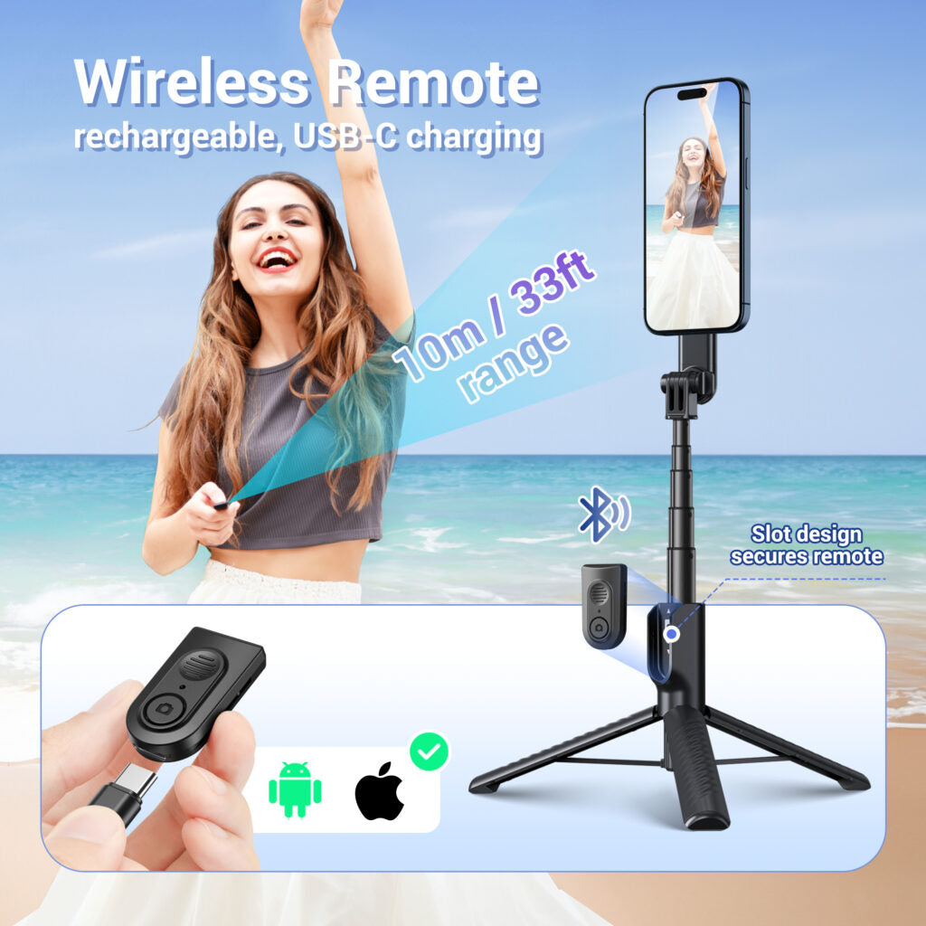 JJC Magnetic Selfie Stick Phone Tripod Stand with Remote for iPhone 15 14 13 (Magsafe Mount) & Android phone（Black）