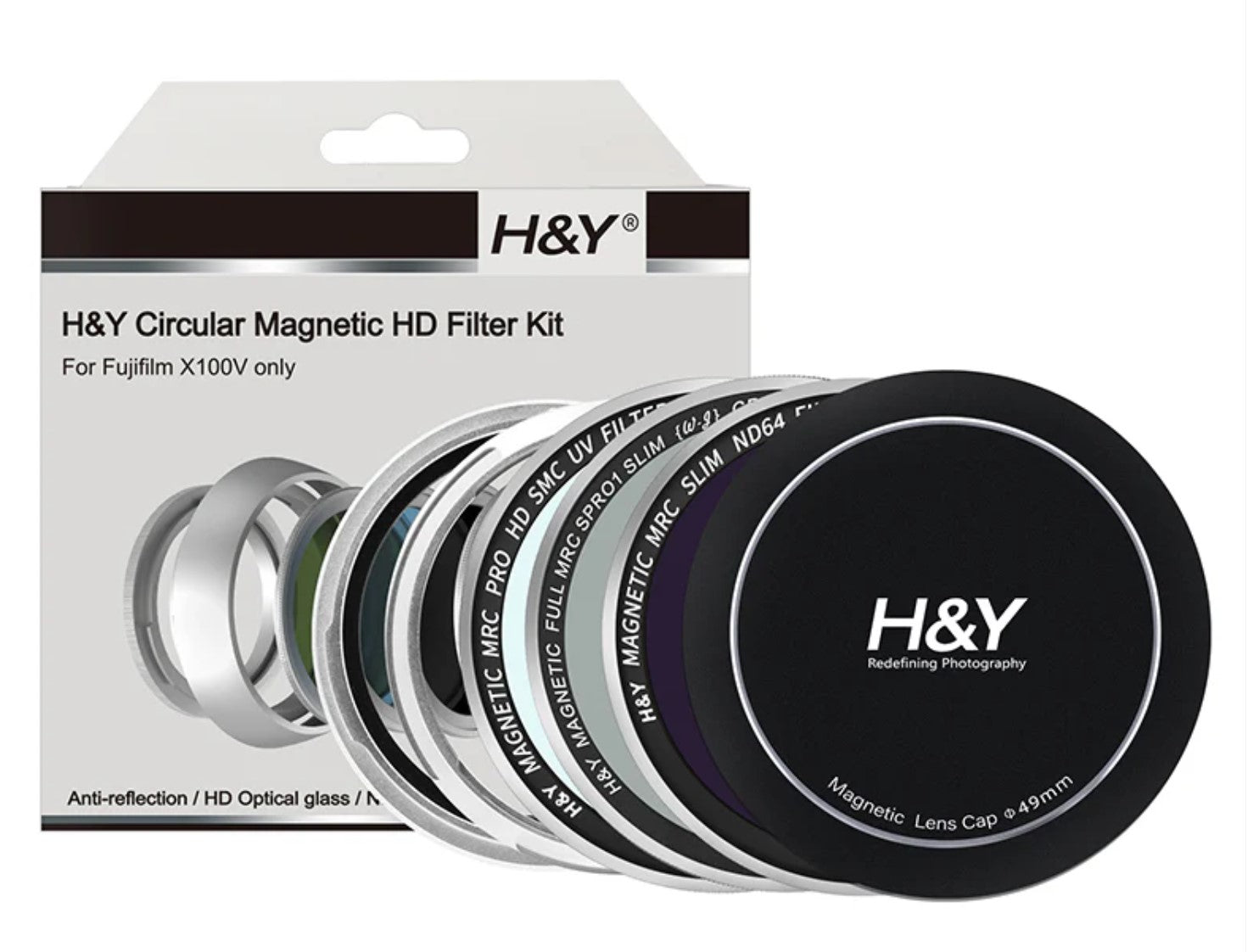 H&Y 49mm Filter Kit for Fujifilm X100V Kit Black / Silver includes (ND64, CPL, UV), lens cap and filter pouch