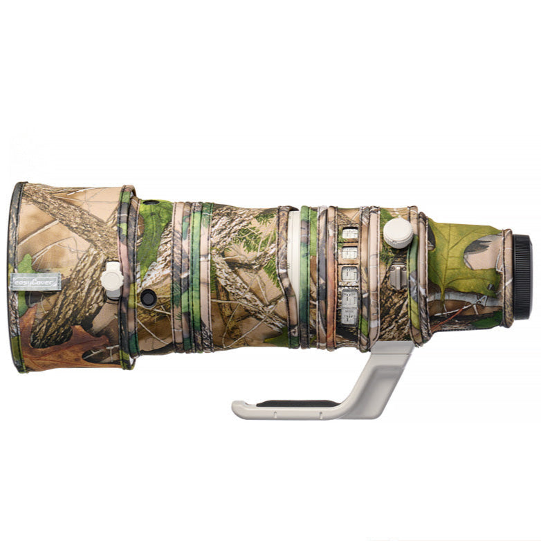 easyCover Lens Oak for Canon RF 100-300mm f2.8L IS USM Camera lens with a camouflage cover on a white background, featuring the Canon brand.