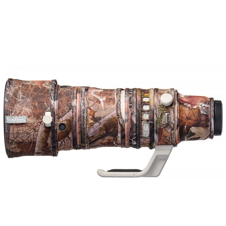 easyCover Lens Oak for Canon RF 100-300mm f2.8L IS USM Camera lens with a camouflage cover on a white background, featuring the Canon brand.