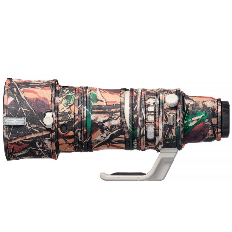 easyCover Lens Oak for Canon RF 100-300mm f2.8L IS USM Camera lens with a camouflage cover on a white background, featuring the Canon brand.