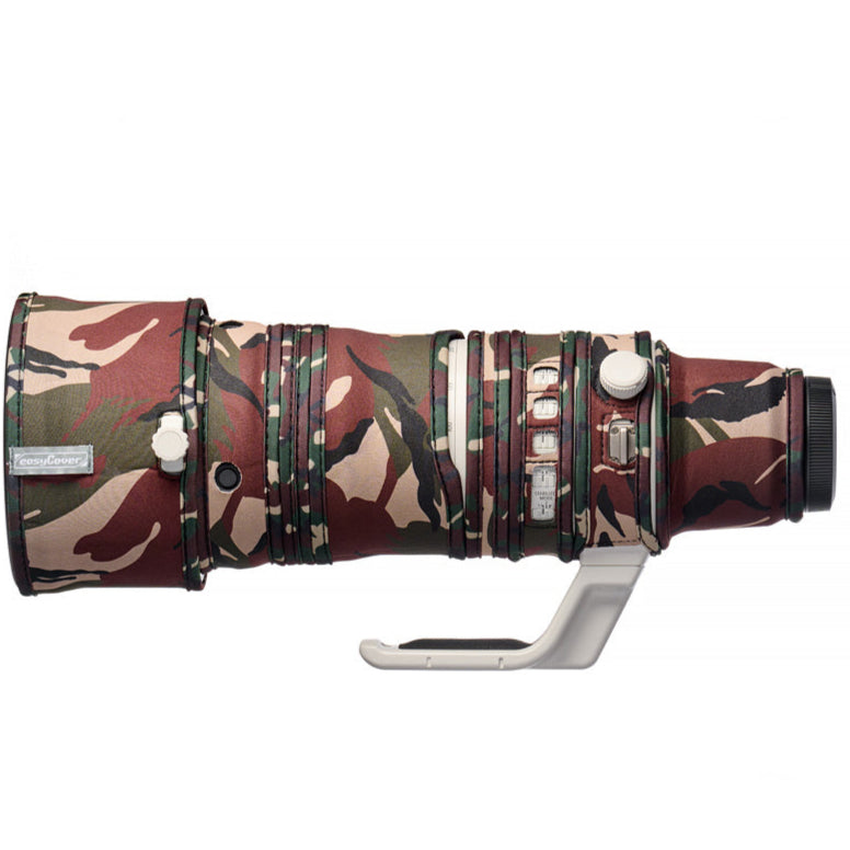 easyCover Lens Oak for Canon RF 100-300mm f2.8L IS USM Camera lens with a camouflage cover on a white background, featuring the Canon brand.