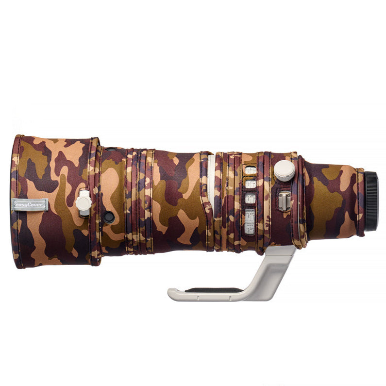easyCover Lens Oak for Canon RF 100-300mm f2.8L IS USM Camera lens with a camouflage cover on a white background, featuring the Canon brand.