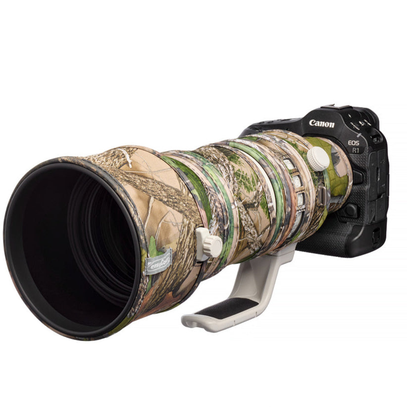 easyCover Lens Oak for Canon RF 100-300mm f2.8L IS USM Camera lens with a camouflage cover on a white background, featuring the Canon brand.