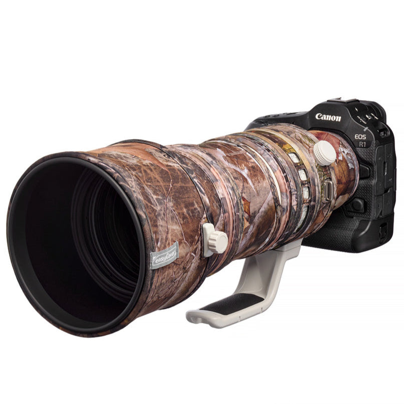 easyCover Lens Oak for Canon RF 100-300mm f2.8L IS USM Camera lens with a camouflage cover on a white background, featuring the Canon brand.
