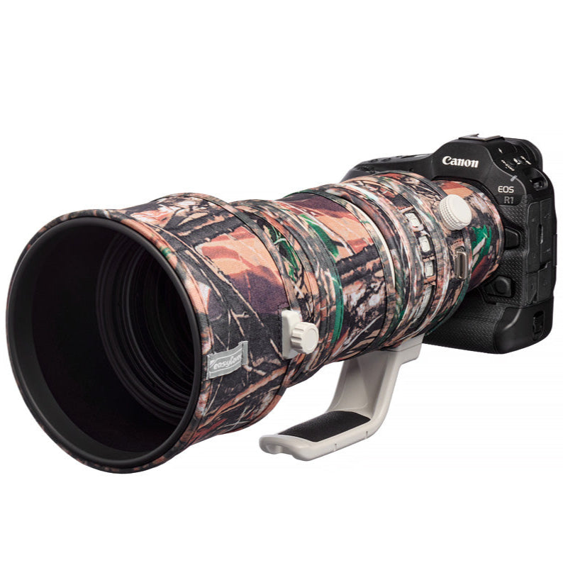 easyCover Lens Oak for Canon RF 100-300mm f2.8L IS USM Camera lens with a camouflage cover on a white background, featuring the Canon brand.