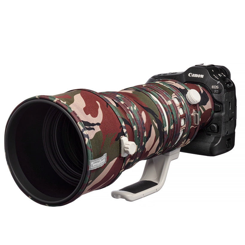 easyCover Lens Oak for Canon RF 100-300mm f2.8L IS USM Camera lens with a camouflage cover on a white background, featuring the Canon brand.