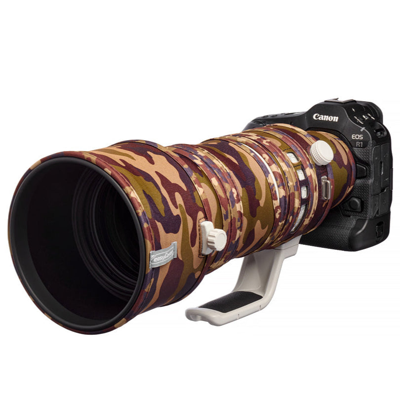 easyCover Lens Oak for Canon RF 100-300mm f2.8L IS USM Camera lens with a camouflage cover on a white background, featuring the Canon brand.