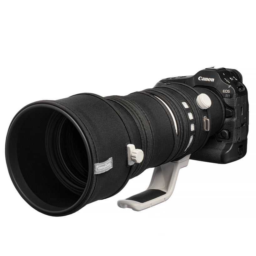 easyCover Lens Oak for Canon RF 100-300mm f2.8L IS USM Camera lens with a camouflage cover on a white background, featuring the Canon brand.