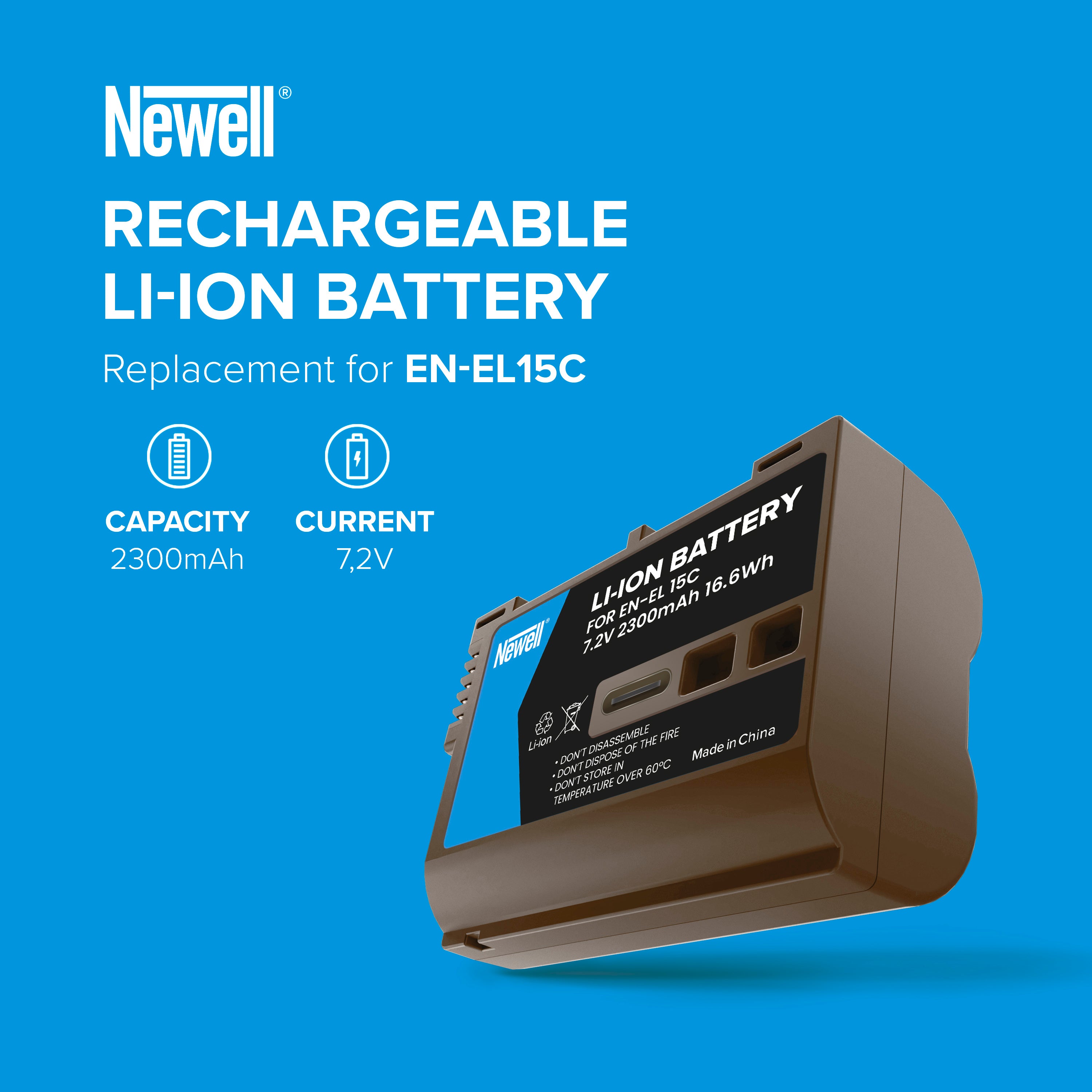 Batterie Newell avec recharge intégrée USB-C EN-EL15C pour Nikon (2300mAh)